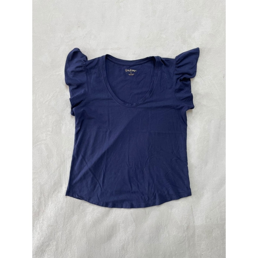 Lilly Pulitzer Navy Blue Ruffle Flutter Sleeve Scoop Neck Pima Cotton Top Small